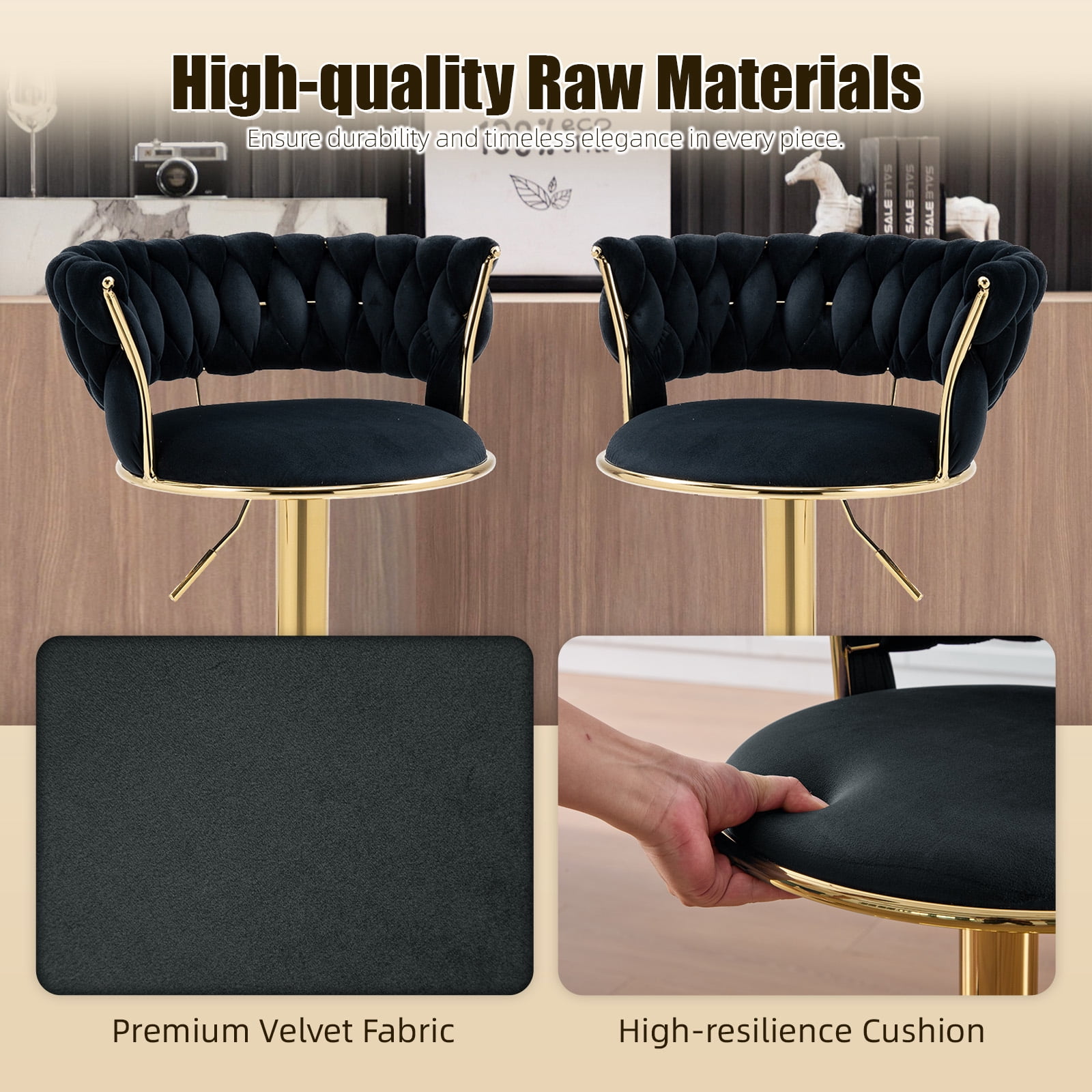 MOONMISS Bar Stools Set of 2, Adjustable Swivel Barstools, Velvet Counter Height Bar Chair with Back and Footrest for Kitchen Island Dining Room Café Pub,Black