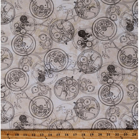Cotton Gears Machines Blueprints Vintage Instruments of the Hours Natural Cotton Fabric Print by the Yard (SRKD-21507-14NATURAL)