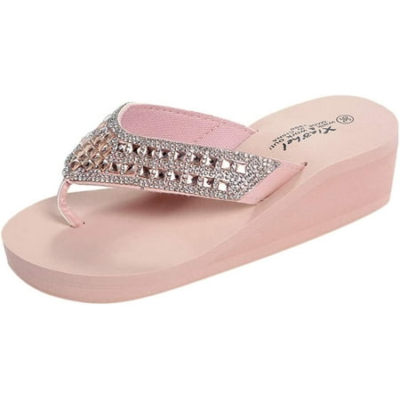 

Rhinestone Wedge Sandals for Women Summer Beach Slippers Open Toe Casual Slides Platform Flip Flops