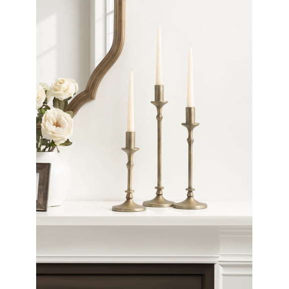 Kate and Laurel Lahari Vintage Three-Piece Taper Candle Holder Set, Set of 3, Antique Brass, Metal Cast Aluminum Candlestick Holders for Dining Table or Fireplace Mantel Display