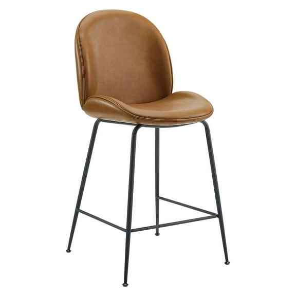 Modway Scoop Black Powder Coated Steel Leg Vegan Leather Counter Stool in Tan