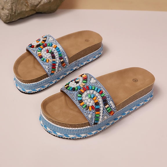 Generic Beaded Cork Wedge Sandals for Women, Multicolor Pearl Embellished Platform Slides with Soft Sole and Bohemian Style