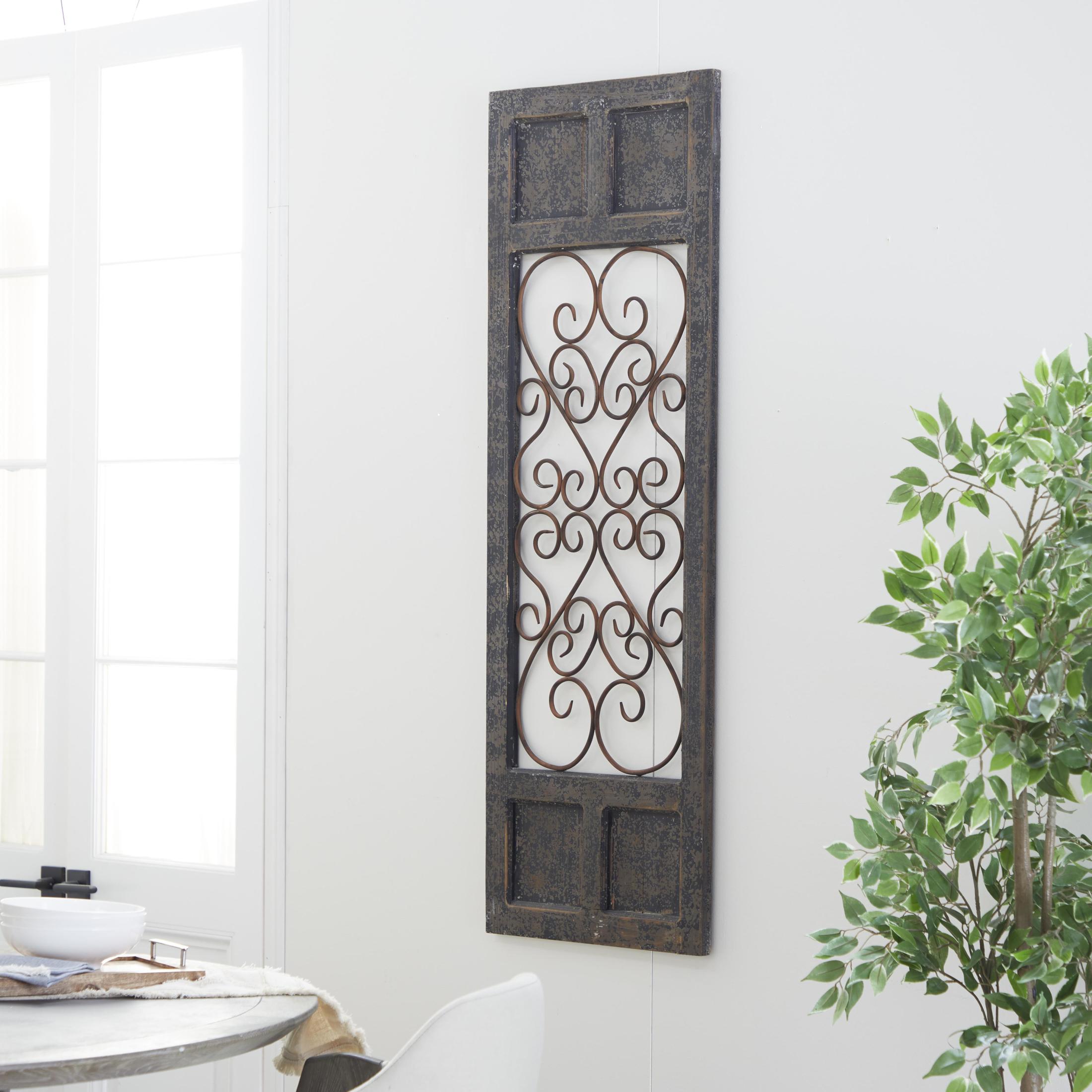DecMode Brown Wood Scroll Window Inspired Panel Home Wall Decor with Copper Metal Scrollwork, 20" x 1" x 57"