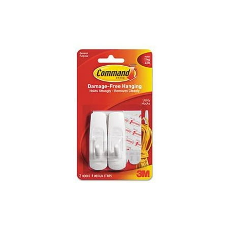 General Purpose Hooks, 3-lb Capacity, Plastic, White, 2/Pack