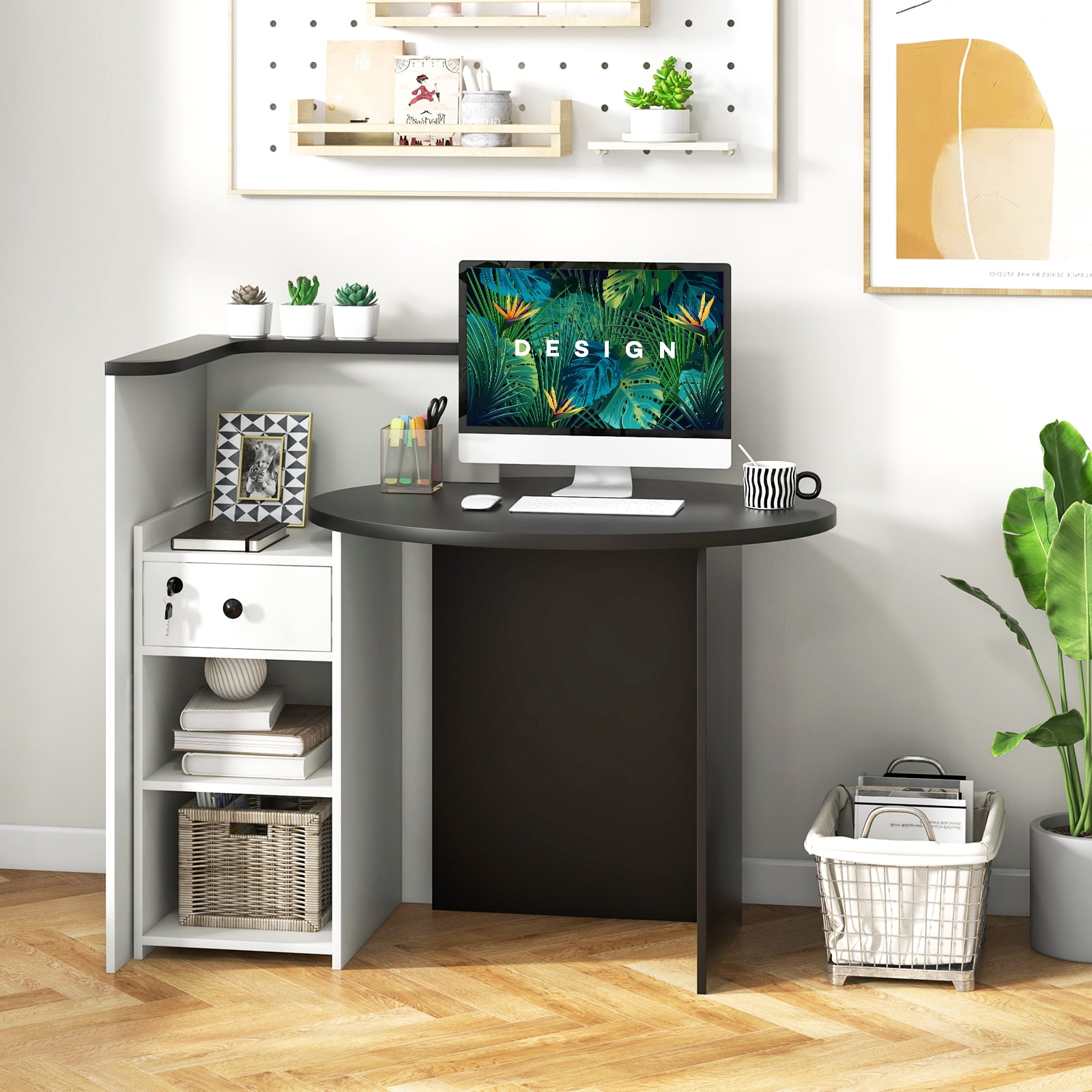 Giantex Reception Desk, Computer Workstation w/Lockable Drawer & Open Shelves, Checkout Counter, Black & White
