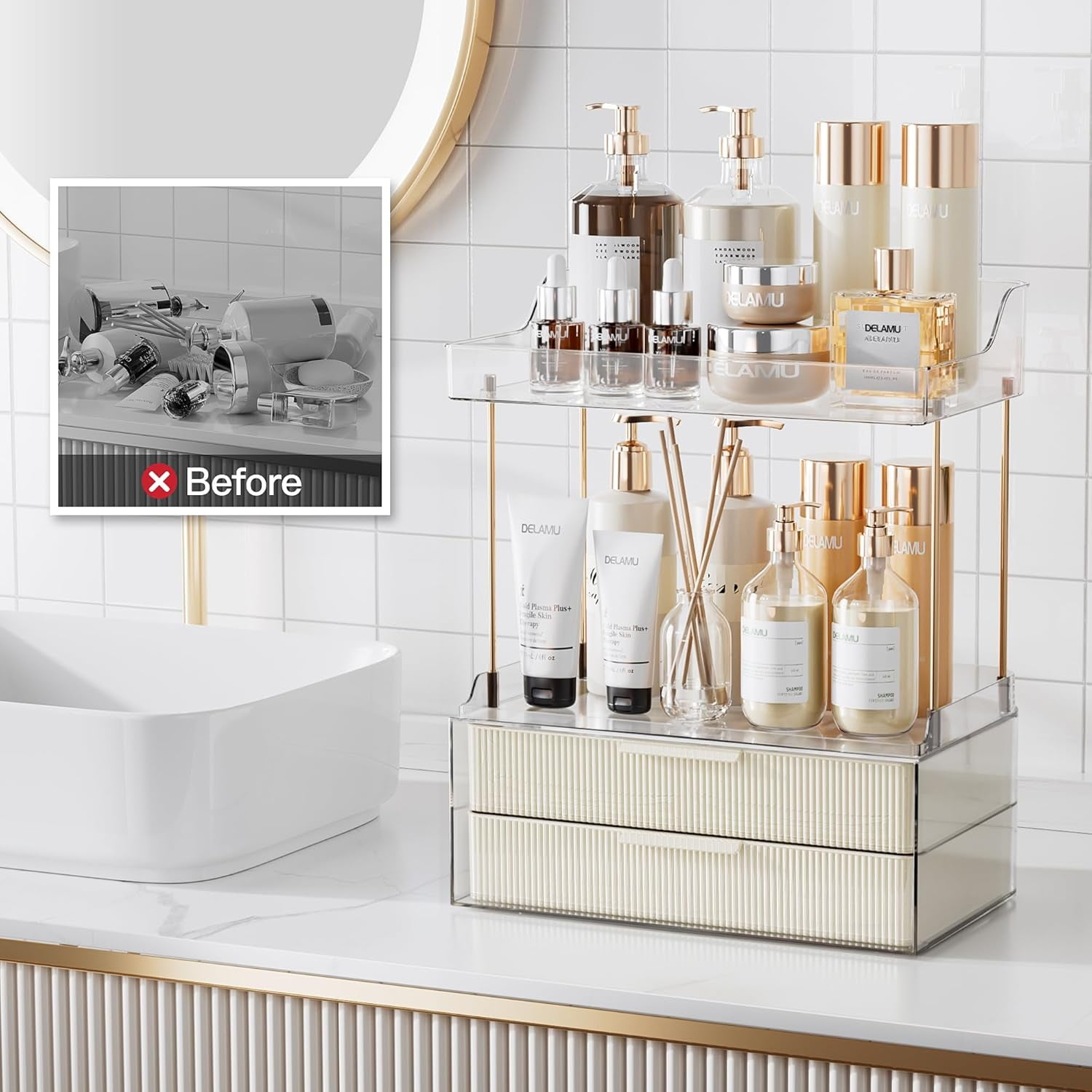 Delamu 2-Tier 2-Drawer Countertop Bathroom Organizer – Multi-Purpose Makeup & Skincare Vanity Storage with Golden Rods, Cream White Color, Exquisite Home Décor Organizer