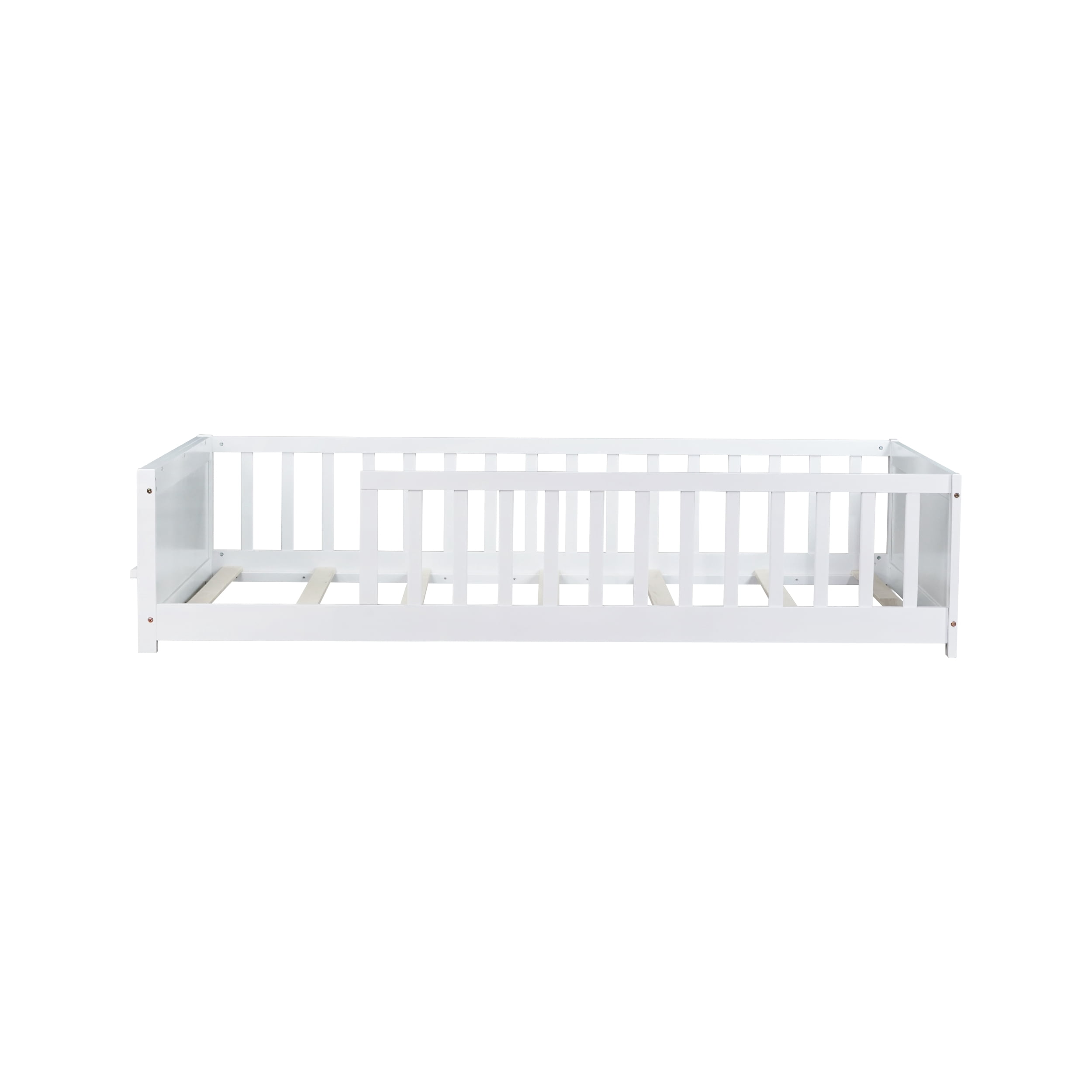 Twin Size Wooden Platform Bed with Safety Guardrails & Built-in Bookshelf, Montessori Kids Floor Bed Frame with Opening