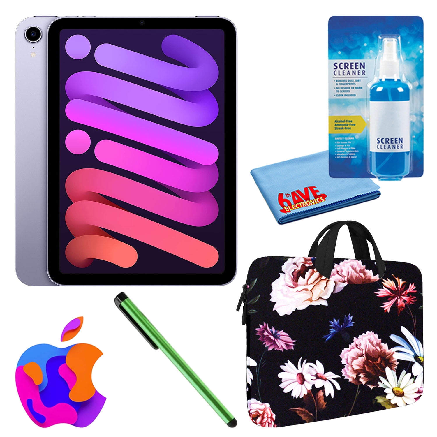 Apple iPad Mini 6 (2021, 64GB, Wi-Fi, Purple) (MK7R3LL/A) Bundle with Black  Floral Zipper Sleeve + Screen Cleaning Kit