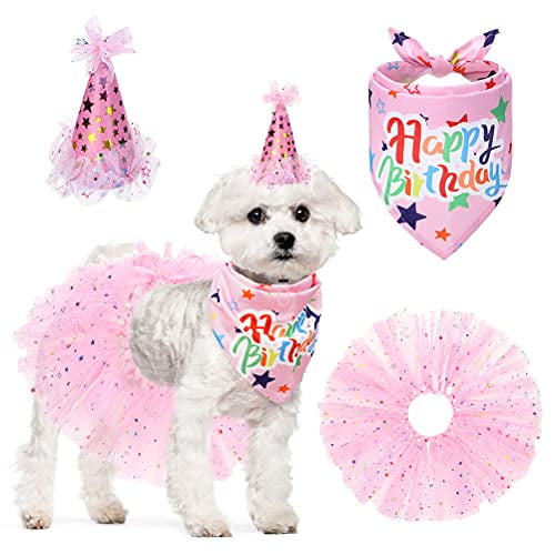 SCENEREAL Dog Birthday Bandana Dog Party Dress and Hat, Cute Dog