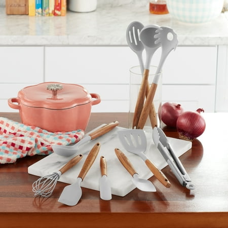 

VLLLEPVX Silicone Kitchen Utensils 10 Piece Set Gray Acacia Wood Handle