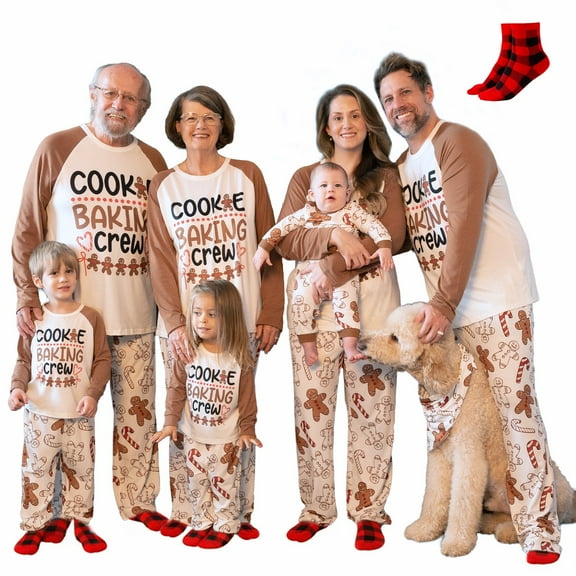 PatPat Christmas Pajamas 2 Piece Women Pjs Sets Family Matching Cute Gingerbread Man Prints Long Sleeve Top & Pants Sleepwear with Holiday Socks, Khaki, M