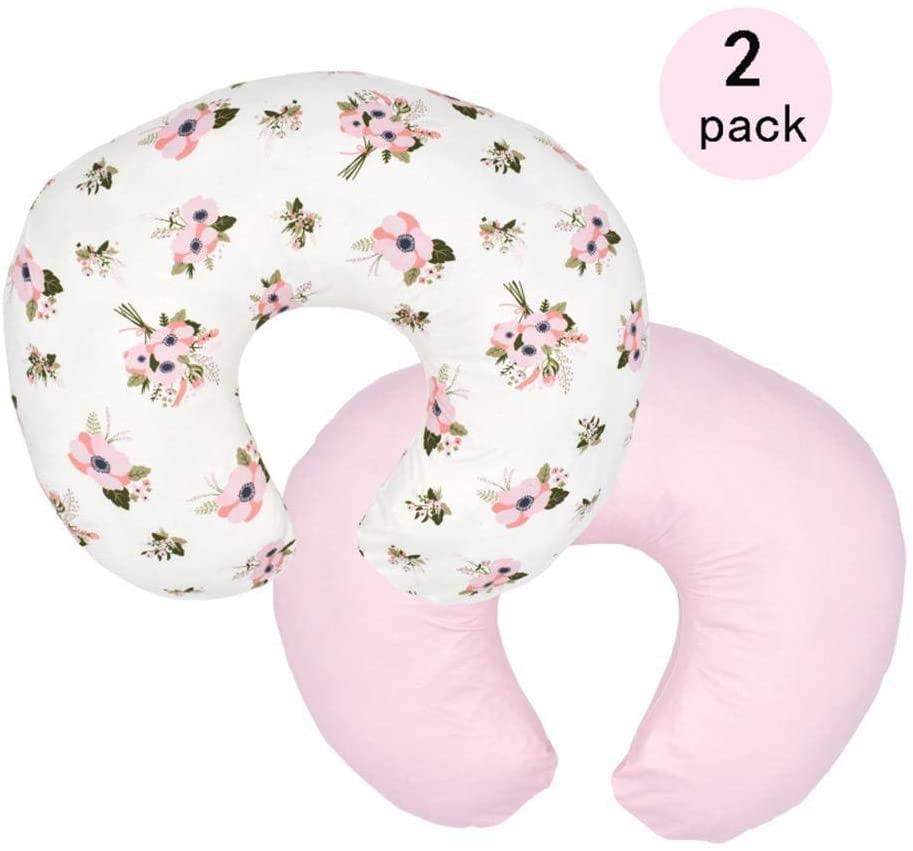 Amerteer 2 Pack Stretchy Nursing Pillow Covers- Nursing Pillow Slipcovers for Breastfeeding Moms, Ultra Soft Snug Fits On Infant Nursing Pillow for Baby Girls Boys- Lt Pink & Floral