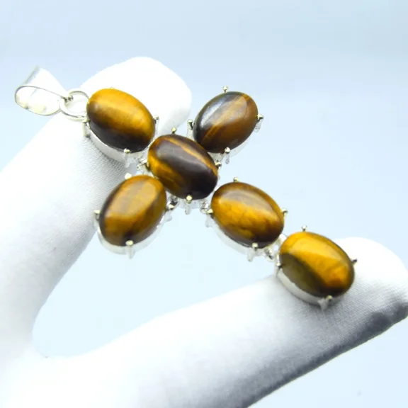 925 Sterling Silver Polished Tiger's Eye Gemstone Cross Pendant Handmade Jewelry Necklace