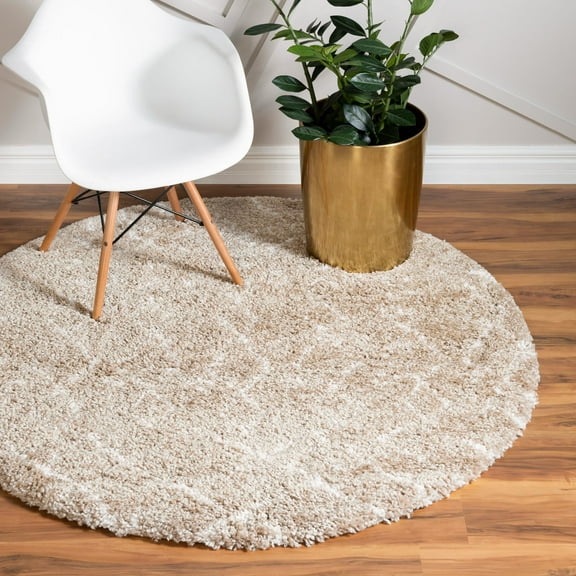Unique Loom Rabat Shag Collection Area Rug - Geometric (7' 10" Round Taupe/Ivory)