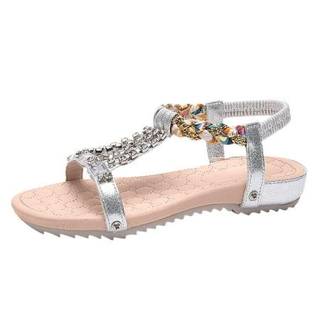 

Cathalem Sandal Women Adult Female Leather Sandals Women Size 11 Ankle Strap Sandals Elastic Casual Bohemian Sandals Slip on Sandals for Women Comfortable Silver 6.5