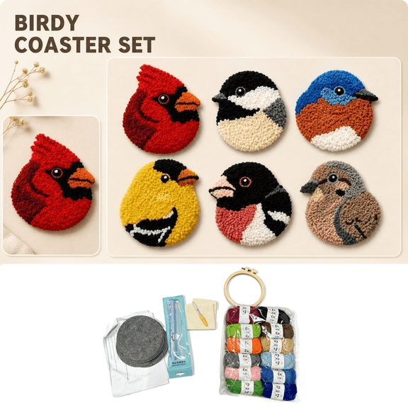 Punch Needle Embroidery Kit, Punch Needle Kit for Beginners, Bird Decor for Home, Beginner Embroidery Kit for Adults, 6X6 Inch Non-Finished Bird Pattern Cup Holder Coaster Set