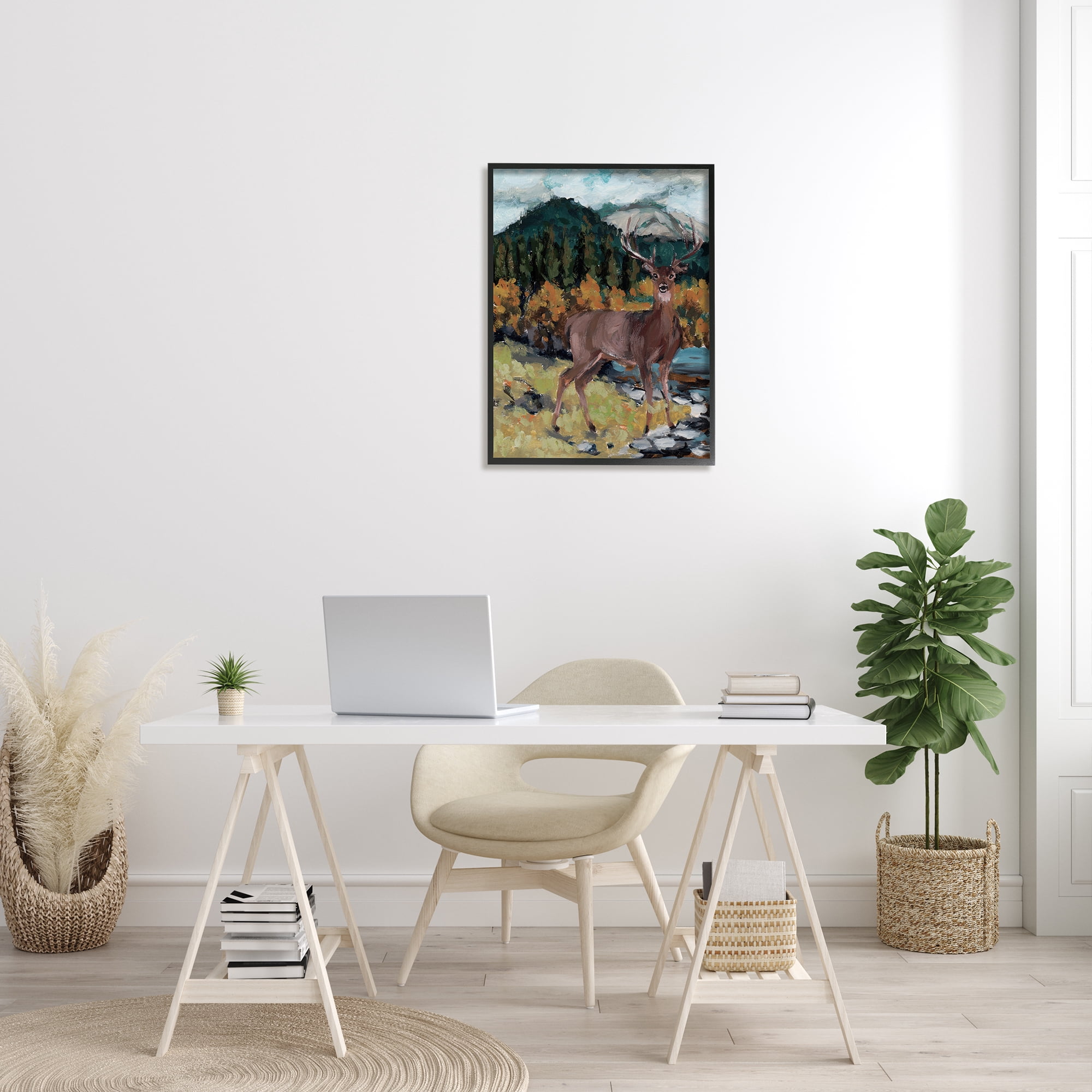 Stupell Deer Wildlife River Landscape Animals & Insects Painting Black Framed Art Print Wall Art