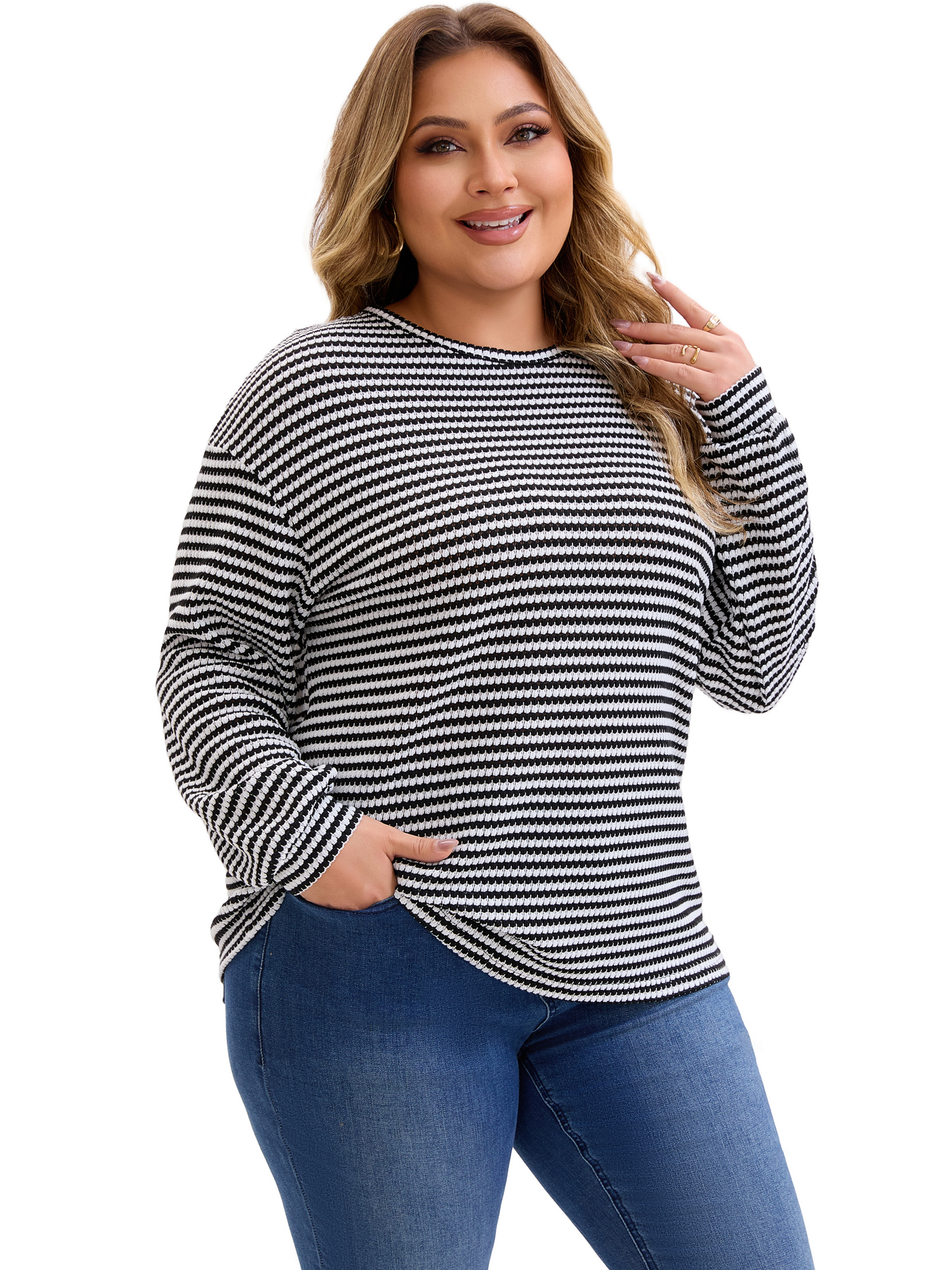 DARING DIVA Women's Plus Striped Crew Neck Long Sleeve Blouse 4X Black