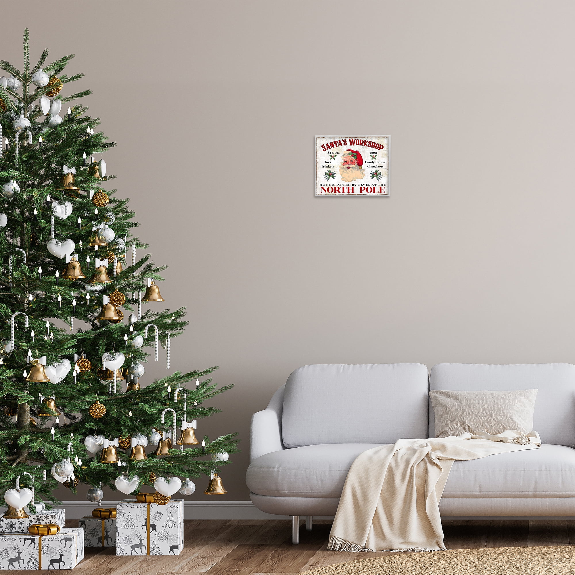 Stupell Industries North Pole Santa's Workshop Holiday Painting Gray Framed Art Prints Wall Art, 14 x 11