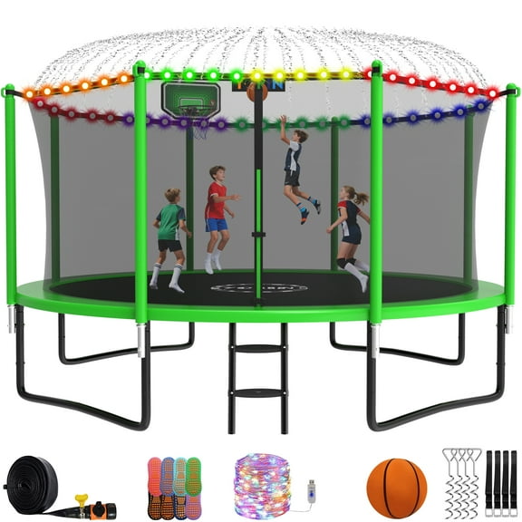 YORIN Trampoline with Enclosure Net, 1200LBS 12FT 14FT 16FT 15FT Trampoline for 4-5 Kids Adults with Basketball Hoop, Ladder, Light, Sprinkler, Socks, Outdoor Heavy Duty Round Recreational Trampoline
