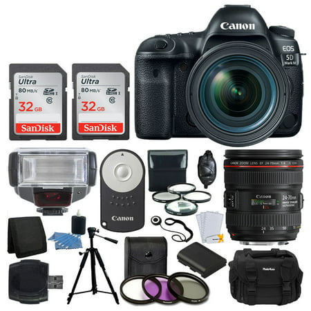 Canon EOS 5D Mark IV DSLR Camera + EF 24-70mm f/4L IS USM Lens + Digital TTL Flash + Canon Wireless Remote + Heavy Duty Tripod + Extra Battery + Large Gadget Bag + Macro & UV Filters +