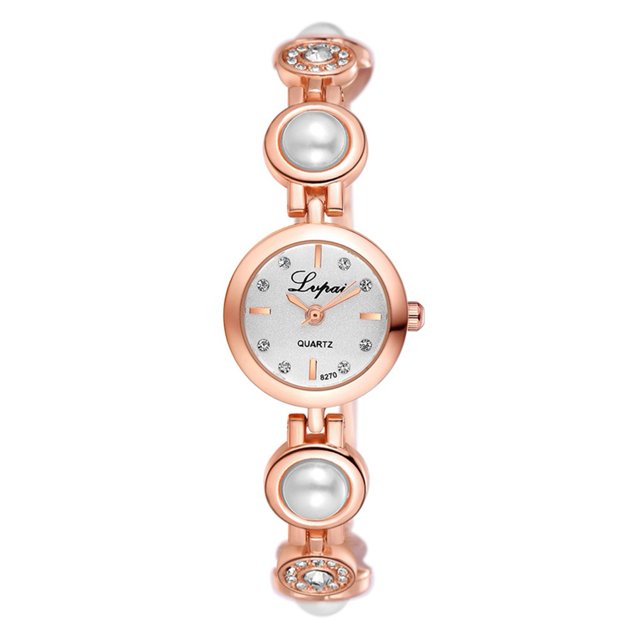 Reloj de pulsera analógico de cuarzo con esfera redonda para mujer, correa de aleación, reloj de diamantes de imitación (oro rosa blanco)