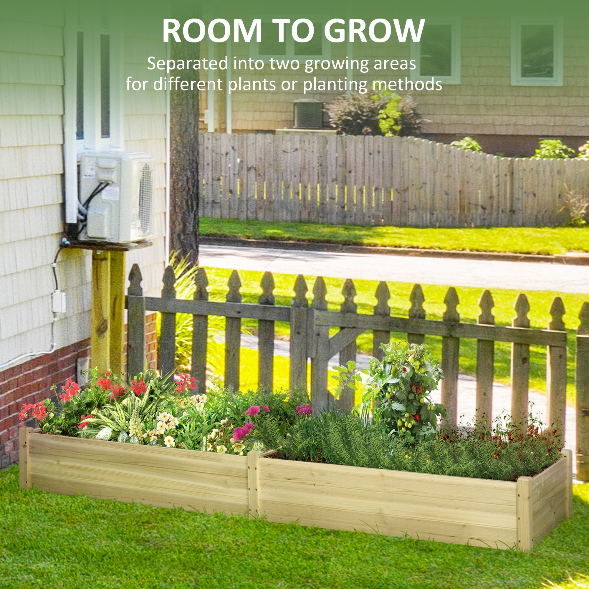 Raised Garden Bed Kit, 8x2ft Wooden Elevated Planter with 2 Boxes, Self Draining Bottom and Liner, Patio to Grow Vegetables, Herbs, and Flowers, Natural
