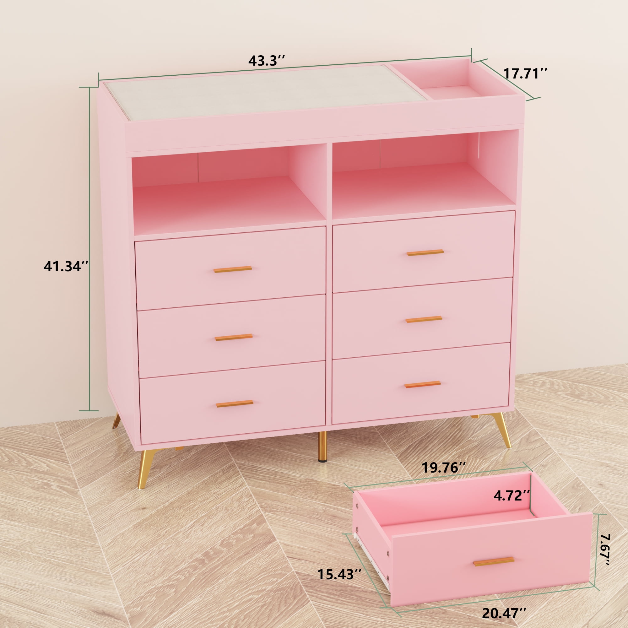 Towallmark Dressers for Bedroom with 6 Drawers,Changing Table Dresser with Changing Pad,LED Lights & Charging Station,Pink