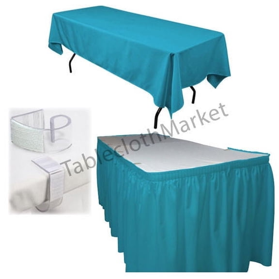 POLYESTER PLEATED TABLE SET SKIRT with clips 17' Ft clip Topper Media Day", (Color: Turquoise Blue)