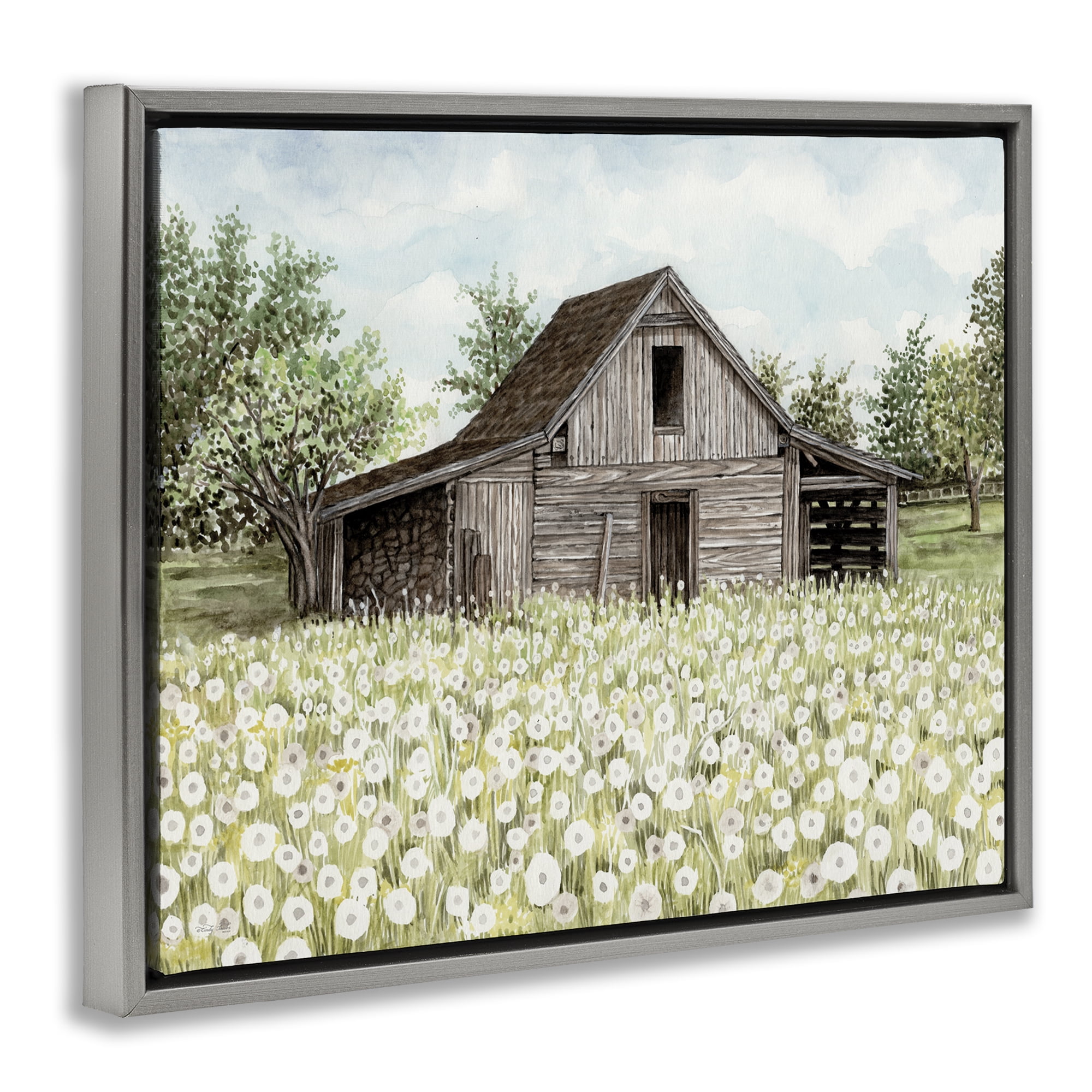 Stupell Industries White Poppy Farm Meadow Landscape & Nature Painting Gray Floater Framed Canvas Art Print Wall Art, 31 x 25