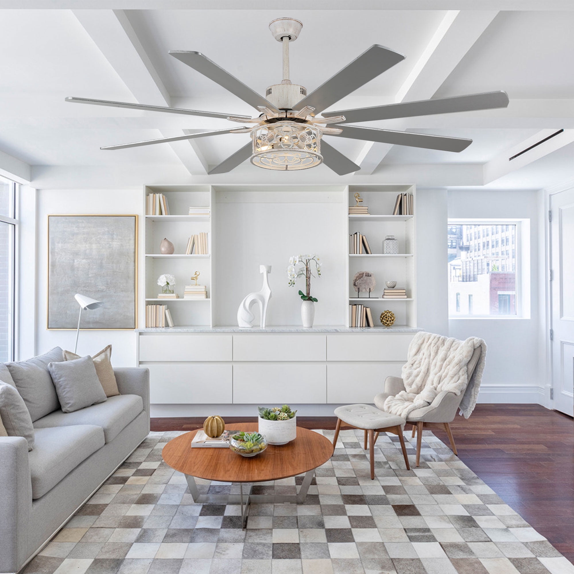 Bella Depot 72" Ceiling Fan 6-speed Farmhouse Metal Cage 3-Light Chandelier with Remote