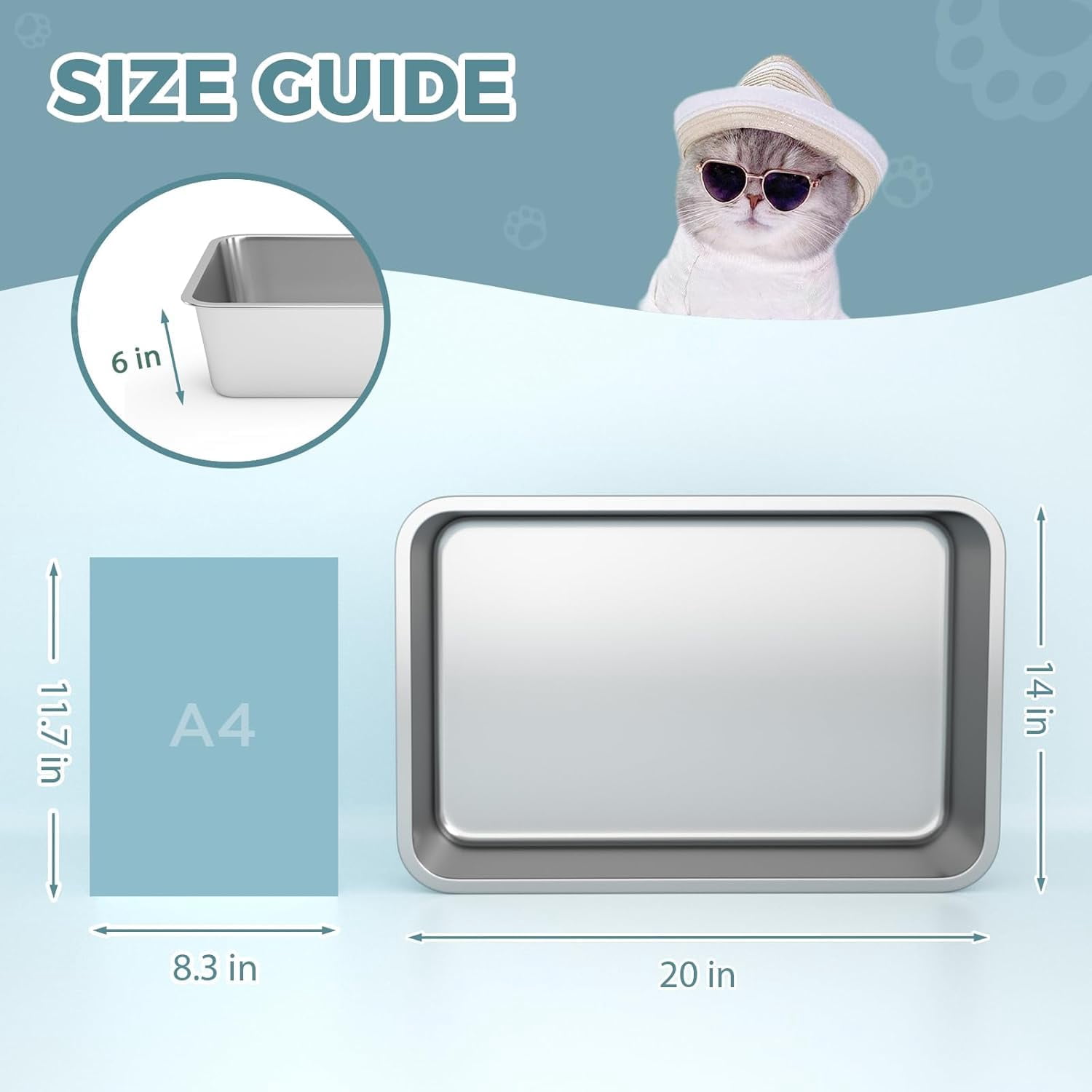 Stainless Steel Cat Litter Box  6in Pan For Cats And Rabbits Metal High Sides Nonstick Odor Control Anti-corrosion