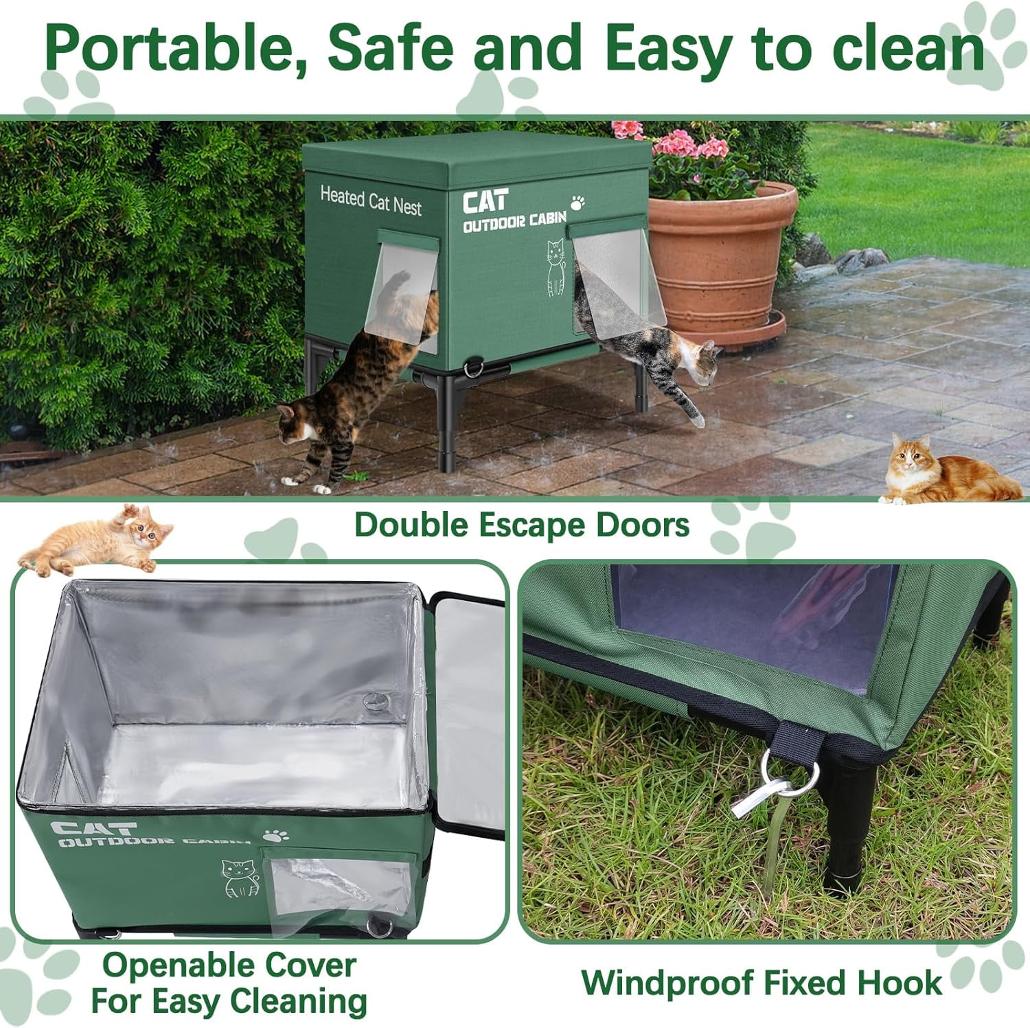 SLSY Heated Cat House for Winter, Outdoor Temperature Adjsutable Insulated Cat Shelter with Dual Safe Escape Doors & 2 Hook for Windproof, 100% Waterproof Heated Outdoor Cat Bed in Winter