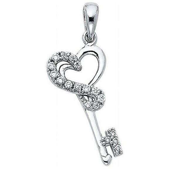 Precious Stars 14K White Gold Cubic Zirconia Key to My Heart Pendant - No Chain, Pendant Only