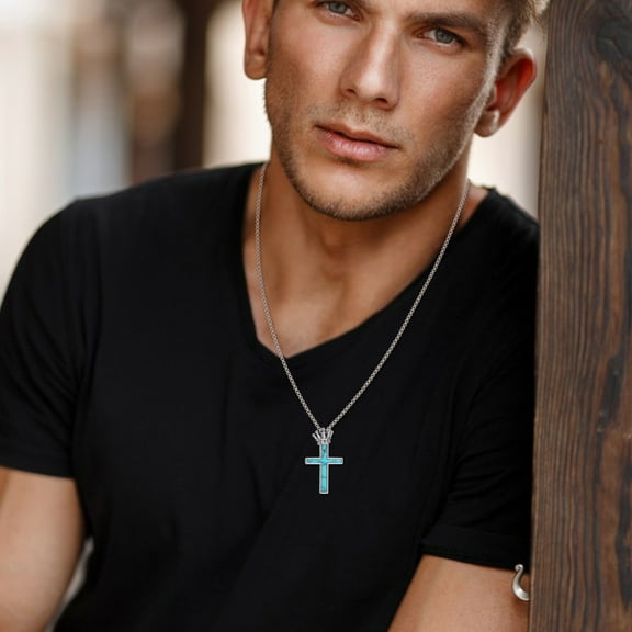 Cross Necklace with Crown 925 Sterling Silver Turquoise Cross Pendant Necklace Turquoise Jewelry Gifts for Men Women