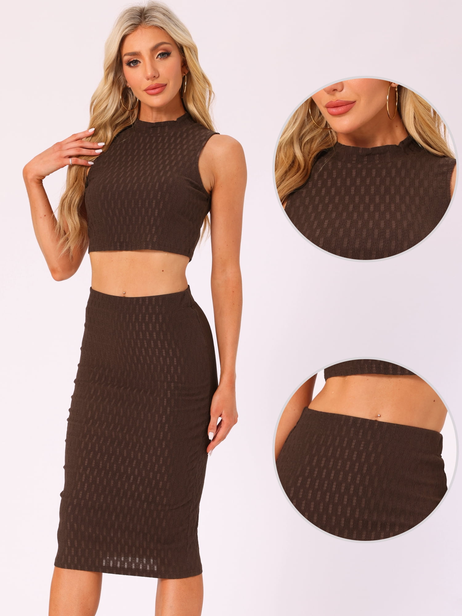 DARING DIVA Women's 2 Pieces Skirt Sets Mock Neck Tank Bodycon Skirts XS Brown