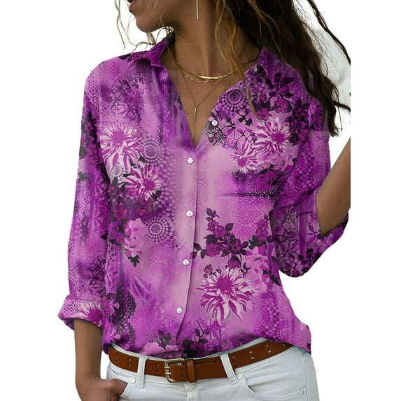 DYMADE Floral Print Shirts Long Sleeve Button Tops Casual Office Women Formal Blouse