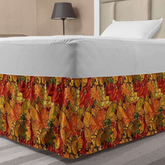 Autumn Bed Skirt, Abstract Doodle of Fallen Leaves Earthy Warm Tones Printed Illustration, Elastic Bedskirt Dust Ruffle Wrap Around for Bedding Decor, 4 Sizes, Apricot and Coffee, by Ambesonne
