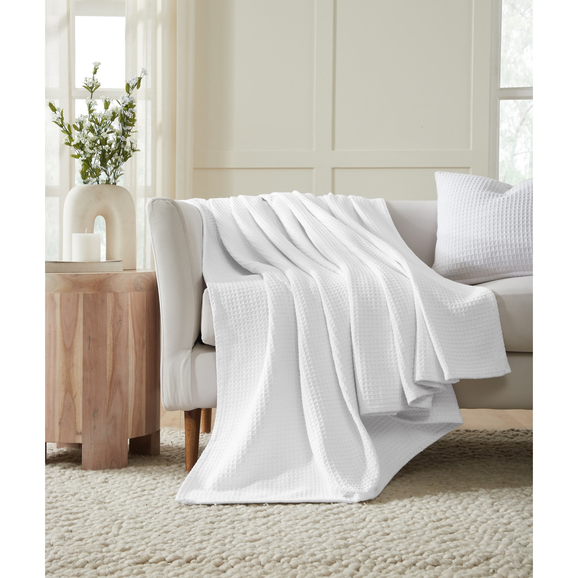 Better Trends All-Season Waffle Weave Blanket 100% Cotton, Full/Queen (90" x 90"), White