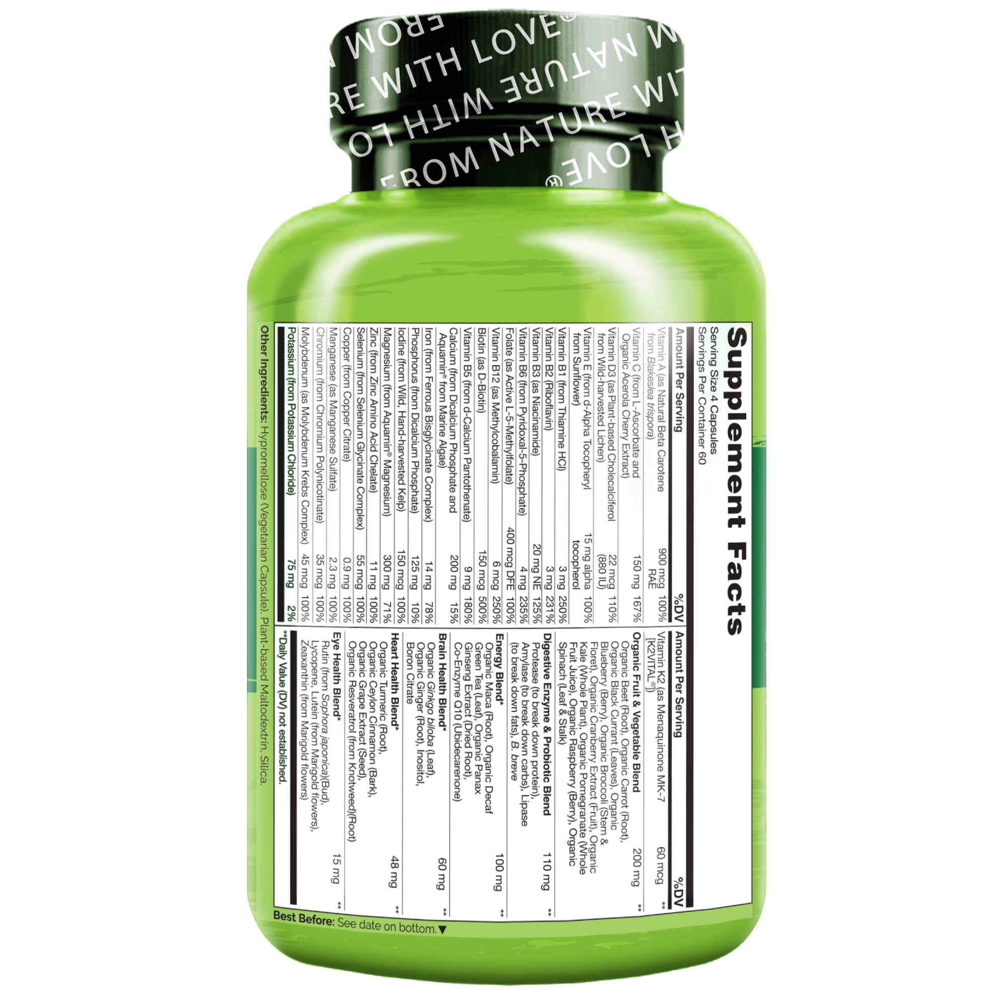 NATURELO Whole Food Multivitamin for Women - with Vitamins, Minerals, & Organic Extracts - Supplement for Energy and Heart Health - Non GMO - 240 Vegan Capsules