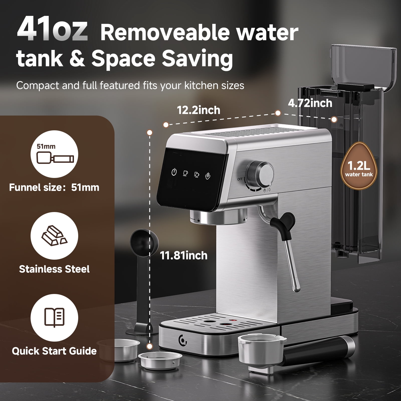 Sunmaki Espresso Machine 20 Bar Stainless Steel Coffee Machines with LED Touch Screen Powerful Steam Wand, Removable Water Tank, for Cappuccino, Latte