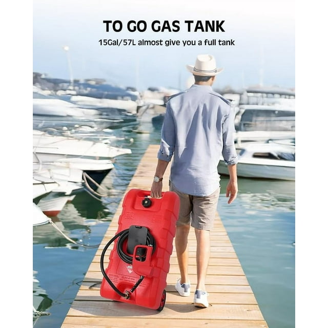 GloryStar Bidon d'Essence de 15 Gallons avec Roues, Réservoir de Carburant Robuste avec Pompe à Siphon de Transfert de Liquide Le et Boyau de 10 Pi, Contenant de Gaz Étanche pour Tondeuses à Gazon, VTT, Voitures, Bateaux