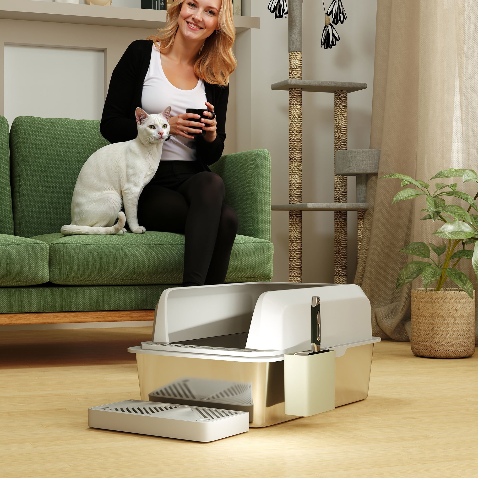 PawHut Stainless Steel Litter Box, Metal Litter Box High Sided, Anti-Urine Leakage, Non-Sticky, with Metal Scoop & Scoop Holder, 24" x 16" x 11"