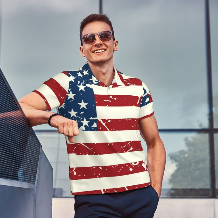 Hirioo Vintage American Flag for Men's Polo Shirts Quick Dry Short