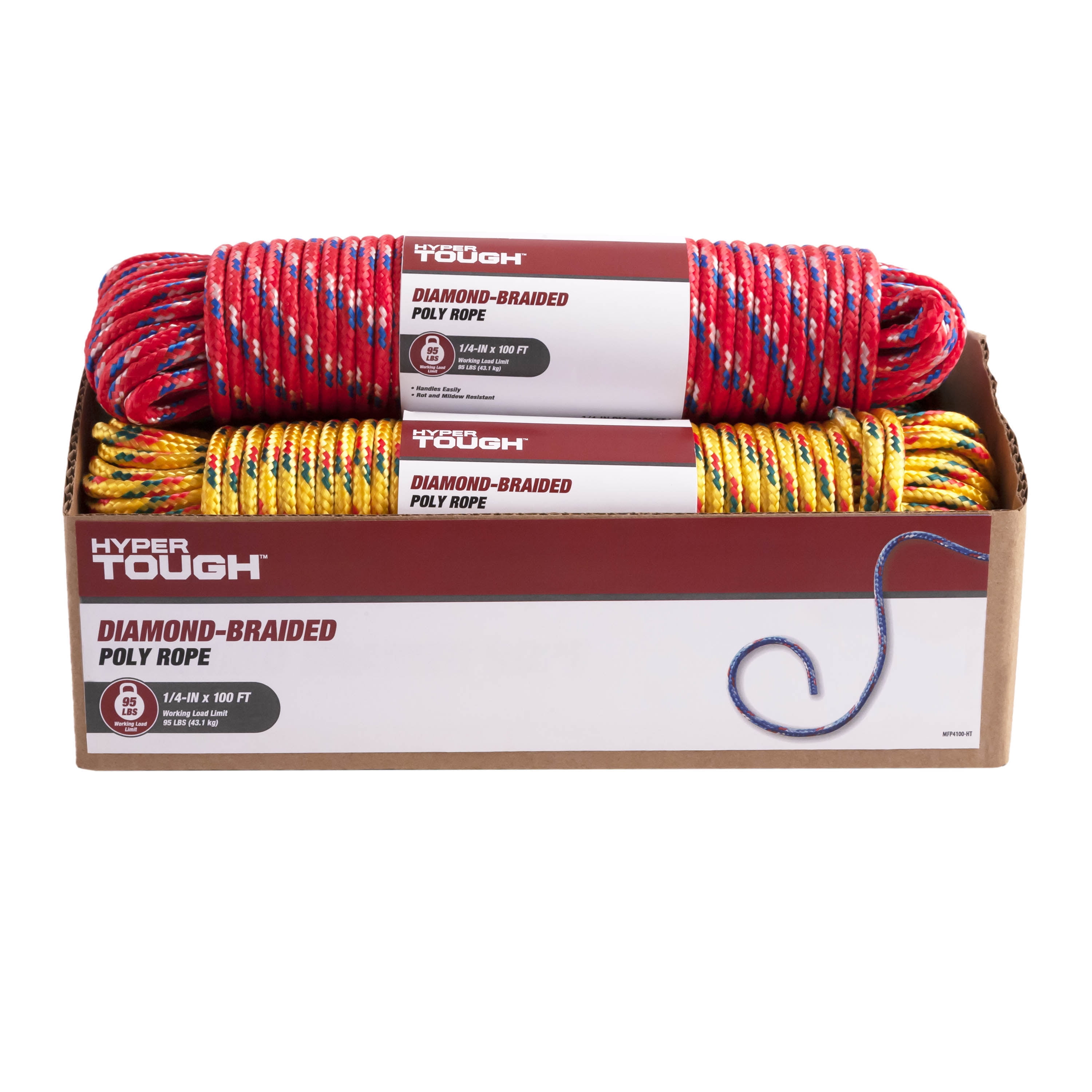 Hyper Tough 100' x 1/4" Diamond Braided Poly Rope, Multi-Color