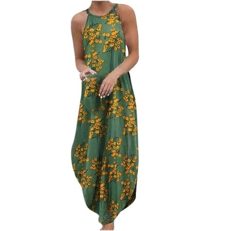 

Sweater Dress for Women Black Dress Women s Cotton and Linen Crew Neck Printed Sleeveless Printed Casual Split Dress on Clearance Dress Pants Women Flower Girl Dress Green M