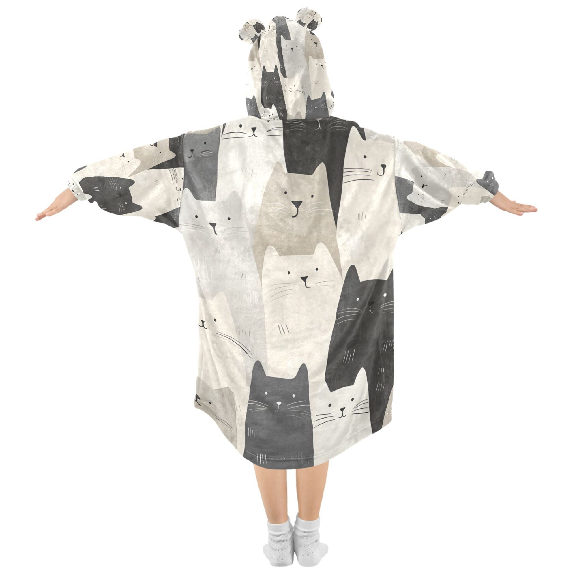 FORMRS Wearable Blanket Hoodie with Sleeves for Kids Cozy Flannel Sweatshirt, White Cute Cats