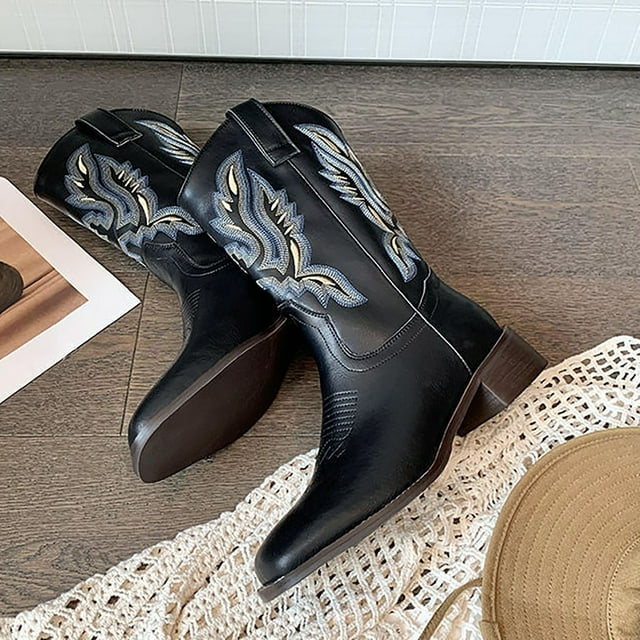Women's V-Cut Embroidered Cowboy Boots Mid Calf Square Toe Thick Heel Western Festival Essential Rodeo Night Outfit Pull Tab Easy On Boots 1.57" Heel Black