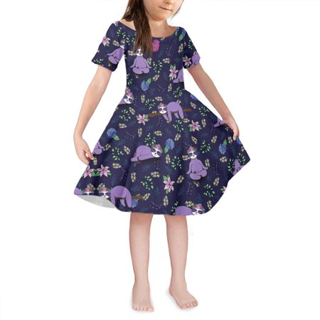 

NETILGEN Flowers Branch Sloth Pattern Midi Dress with Short Sleeves for Travel Lightweight Thin A Line Swing Twirl Dress for 3-4 Years Old