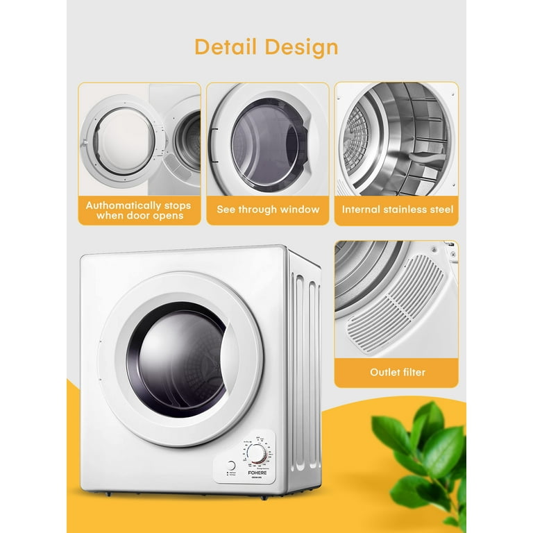 Clothes Dryer 2.9 cu.ft FOHERE Portable Compact Dryer 1400W Vented Tumble Dryer with Sensor 5 Auto Drying Mode with Exhaust Duct Stainless Steel